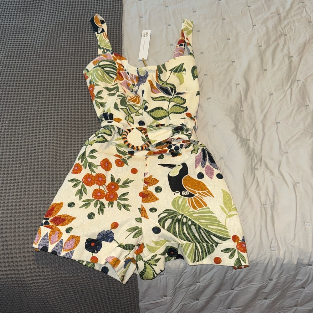 House of Harlow - Floral Plant Pattern cream Shorts romper with Beaded belt